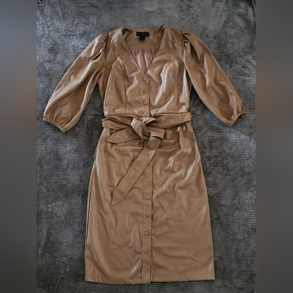 House Of Harlow 1960 Faux Leather Button Down Dress, SMALL, 3/4 Sleeve, Lt Mocha